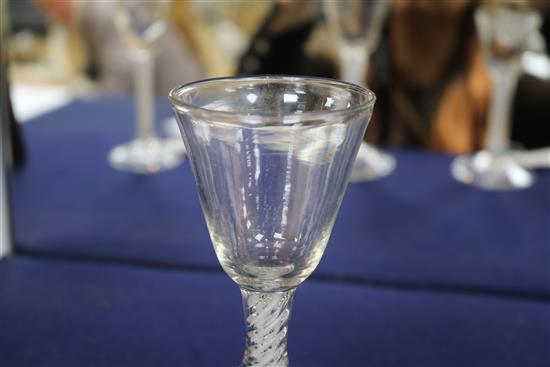 A wine glass with knopped opaque and mercury twist stem, c.1755, with bucket bowl, 6.25in.